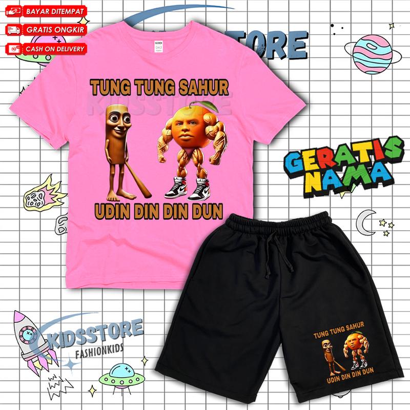Setelan Anak Kaos Celana Pendek Tung Tung Sahur X Udin Din Din Dun Cotton Combed Baby Terry DTF Free Nama 4