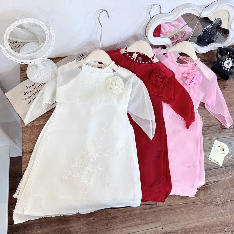   Tặng Tag Hoa  Sét Áo Dài Cổ Yếm Tơ Thêu Phối Lụa Kèm Choàng Cổ Hot 2026 Cho Bé Gái - Vani Kids 