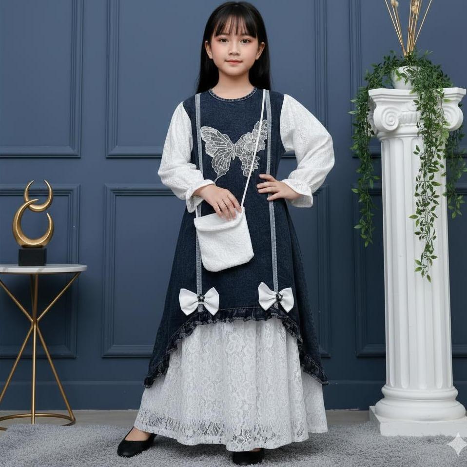 Gamis Terbaru Lebaran 2026 Anak Perempuan Lebaran Jeans Snow Black Baju Gaun Cantik Elegant Premium Jeans Snow Black Full Jeans Pita