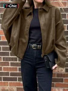 Chamarra bomber de mujer para otoño invierno con textura de gamuza y cierre, corte holgado, diseño elegante de cuello de vuelta para uso casual