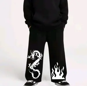Celana Panjang Hitam dengan Desain Naga dan Api untuk Gaya Santai dan Trendy