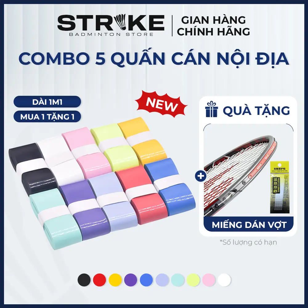 Combo 5 Quấn Cán Vợt Cầu Lông – Pickleball – Tennis – Dài 1m1 – 10 Màu Sắc – Thấm Hút – Bám Tay Ổn – StrikeBadmintonStore