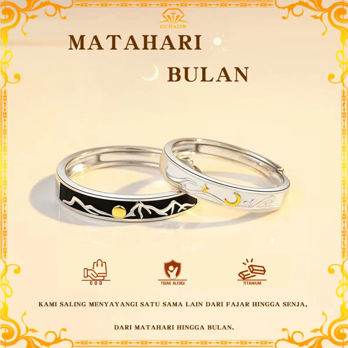 COD Cincin Couple Titanium Matahari Dan Bulan Adjustable Aksesoris Pasangan Hadiah Buat Cewek