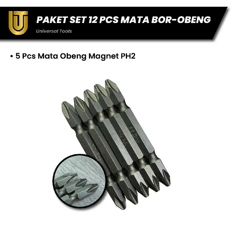 Peket Set 12 pcs: 1 pcs keyless Chuck kepala bor hexagonal, 1 pcs Ekstensi kepala bor L shape, 5 pcs set mata bor countersink sekrup, dan 5 mata obeng magnet ph2. 6