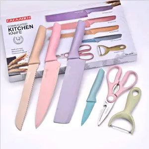 FAEAABCH Pisau dapur set 6 in  1 Bahan steinless steel premium kitchen knife set staninlesssteel anti lengket dengan desain warna - warni