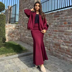 Set Dua Keping Pakaian Wanita, Koleksi Musim Luruh dan Musim Sejuk, Ketibaan Baru, Warna Pepejal, Gaya Bodycon, Atasan Zip, Skirt Panjang, DM165