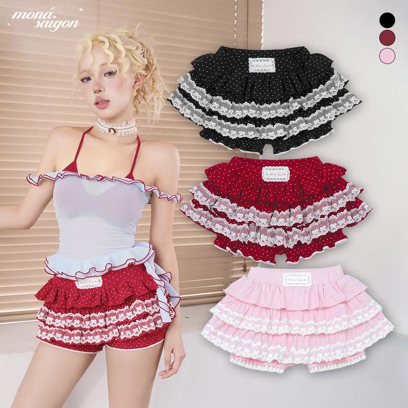 Quần bí giả váy ngắn nữ nhún bèo nhiều tầng vải cotton in hoạ tiết chấm bi phối ren MONÁ - MIMI SKIRT Women