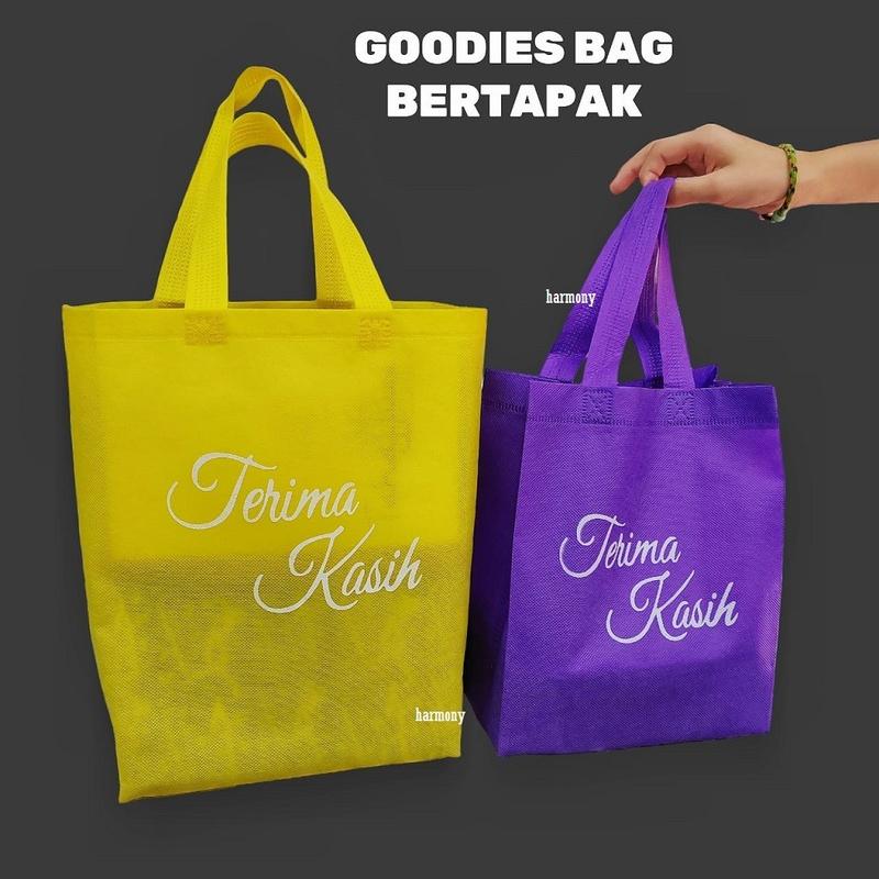 10pcs Beg Kain Bertapak Goodies Bag with Handle and Bottom Printed ...