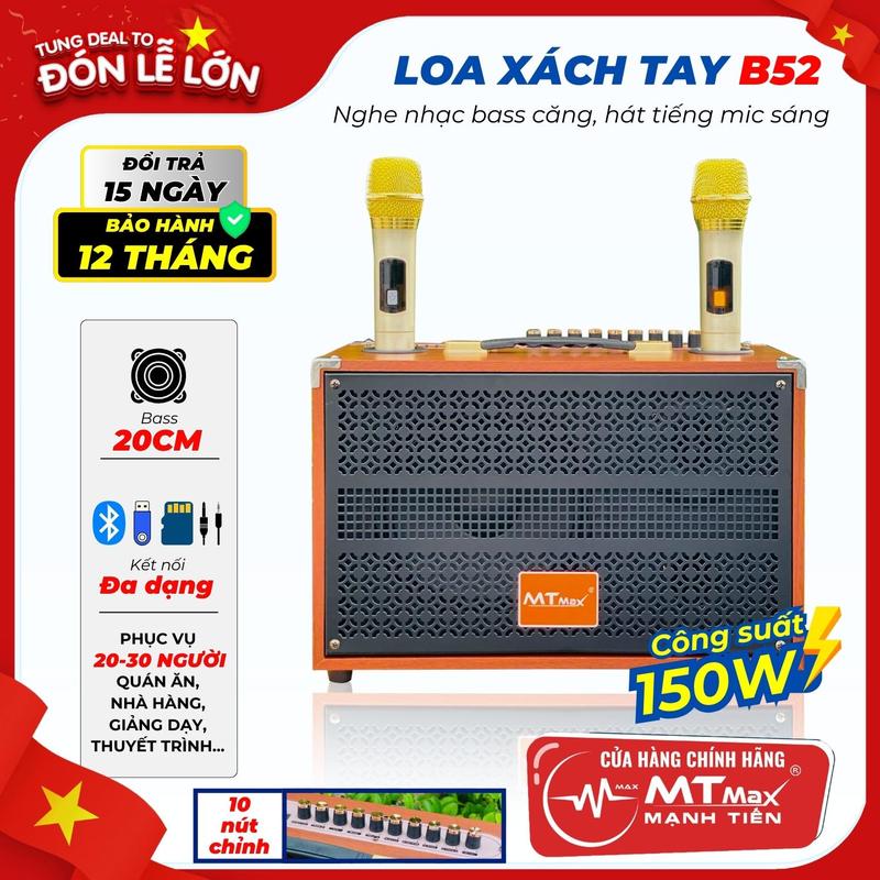 [MTMax] Loa Karaoke Xách Tay | MTMax B52 | 150W | Bass 20CM | Bass 20, 10 Nút Chỉnh, Kèm 2 Micro | Âm Thanh Trung Thực, Đa Dạng Kết Nối BT, AUX, USB, TF | Loa Karaoke Gia Đình, Du Lịch, ĐI Chơi | Dùng Thử 7 Ngày - Bảo Hành 12 Tháng