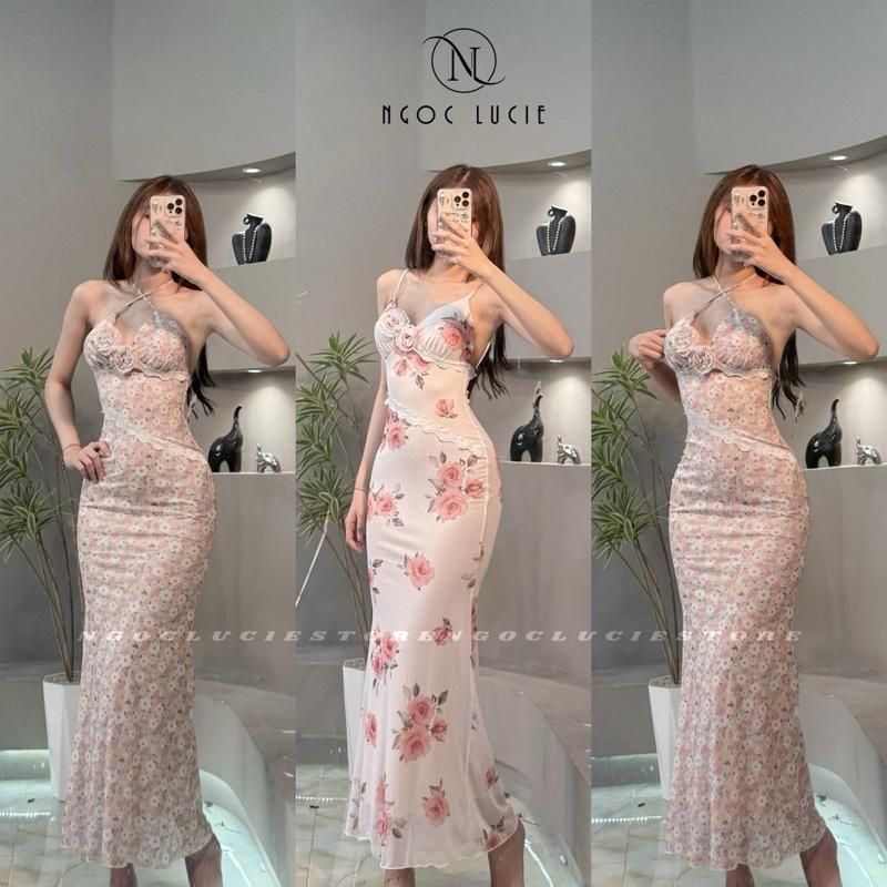  D1039 - Đầm Body  Đuôi Cá Cột Dây Hở Lưng Phối Ren Đính Hoa - Ngọc Lucie 