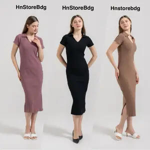 Gaun Knit Dress Berkerah Korean style gaun wanita Casual Panjang 120 Baju Midi Dewasa bodycon
