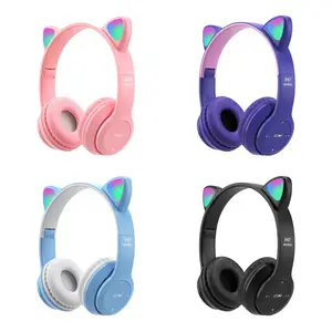Headphone Bluetooth P47M Gaming Wireless Earphone Kucing dengan Lampu LED RGB Headset Ponsel Telepon