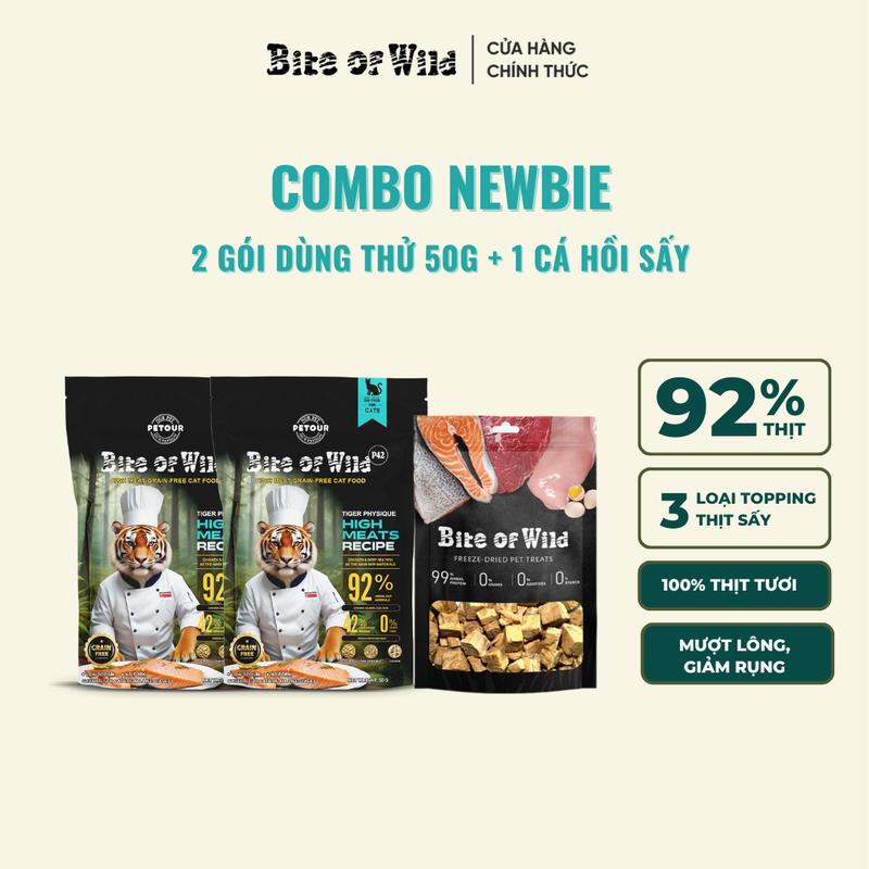 COMBO NEWBIE - Túi hạt cao cấp 50G + Cá hồi Thịt vịt sấy khô KHÔNG CHỨA NGŨ CỐC có viên sấy khô cá hồi thịt tươi thịt gà dành cho mèo