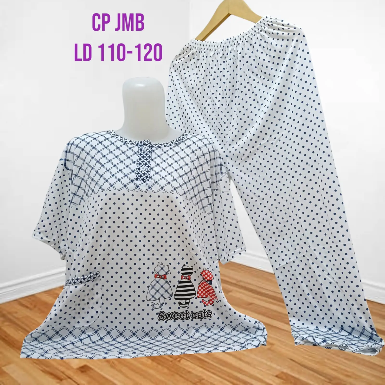 VICTORY17-COD Setelan Baju Tidur Kaos CP Jumbo Big Size Babydoll Celana Panjang Wanita 3XL LD 110-120cm/CP KAOS MURAH Busui Kancing