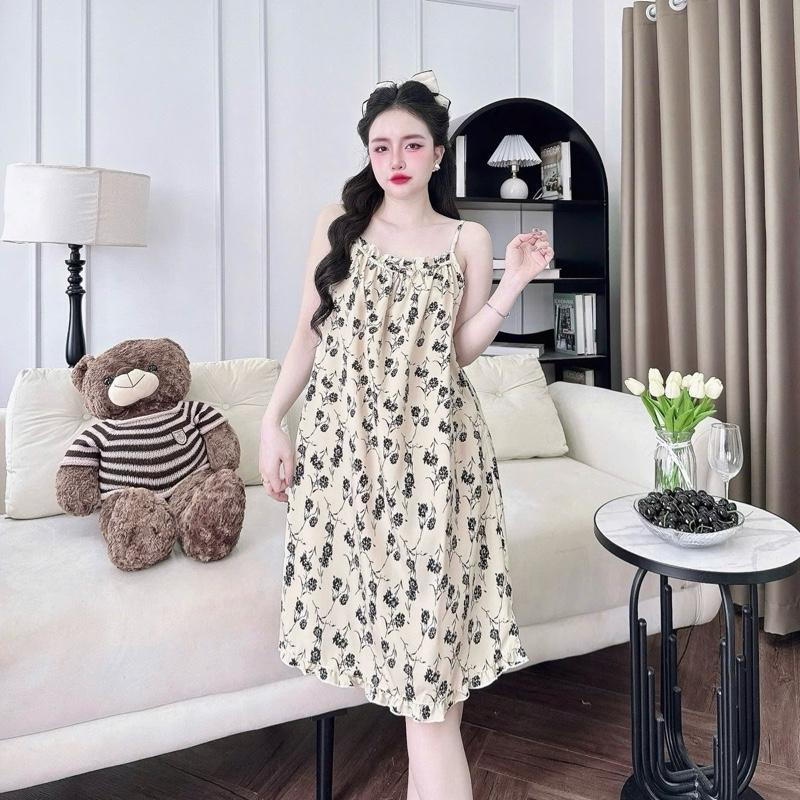 Váy Ngủ Lụa 100D Mềm Hai Dây - Hoa Nhí Dễ Thương- Mát Mẻ Thoải Mái Mùa Hè- (40-75kg)