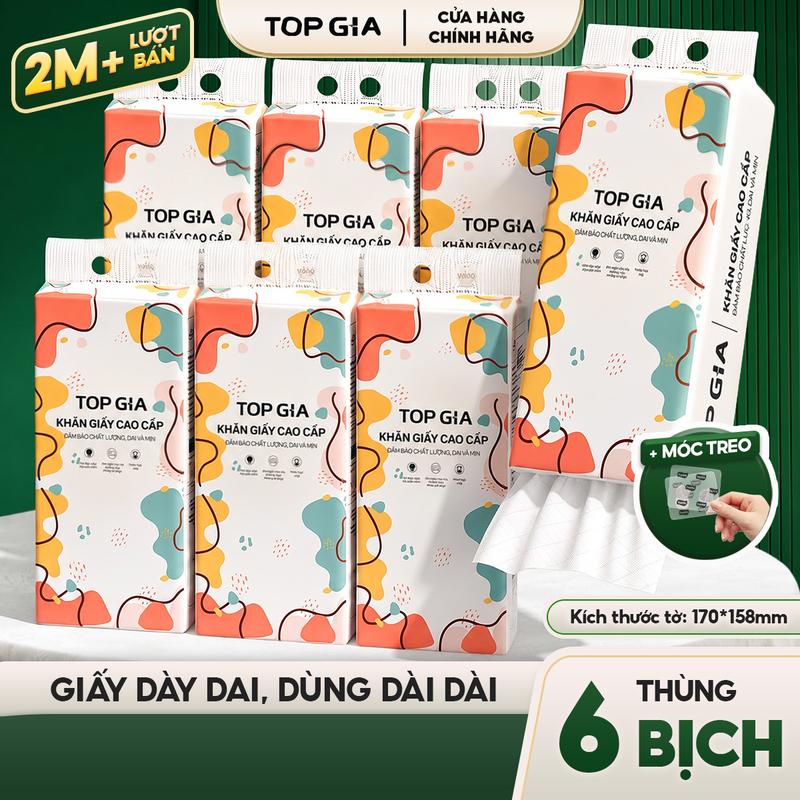 (BẢN KHỔNG LỒ SIZE XL) Combo 6 Bịch Giấy Cỡ Đại Rút Đáy Đa Sắc Size XL Treo Tường TopGia 1280 Tờ 4 Lớp 320 Lần Rút Tiện Lợi, Giấy Ăn An Toàn Đạt Chuẩn Bộ Công Thương RDS17