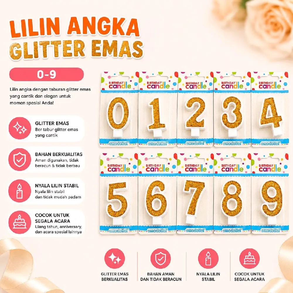 Lilin Angka Glitter Emas Ulang Tahun 0–9 Premium Birthday Candle Dekorasi Kue