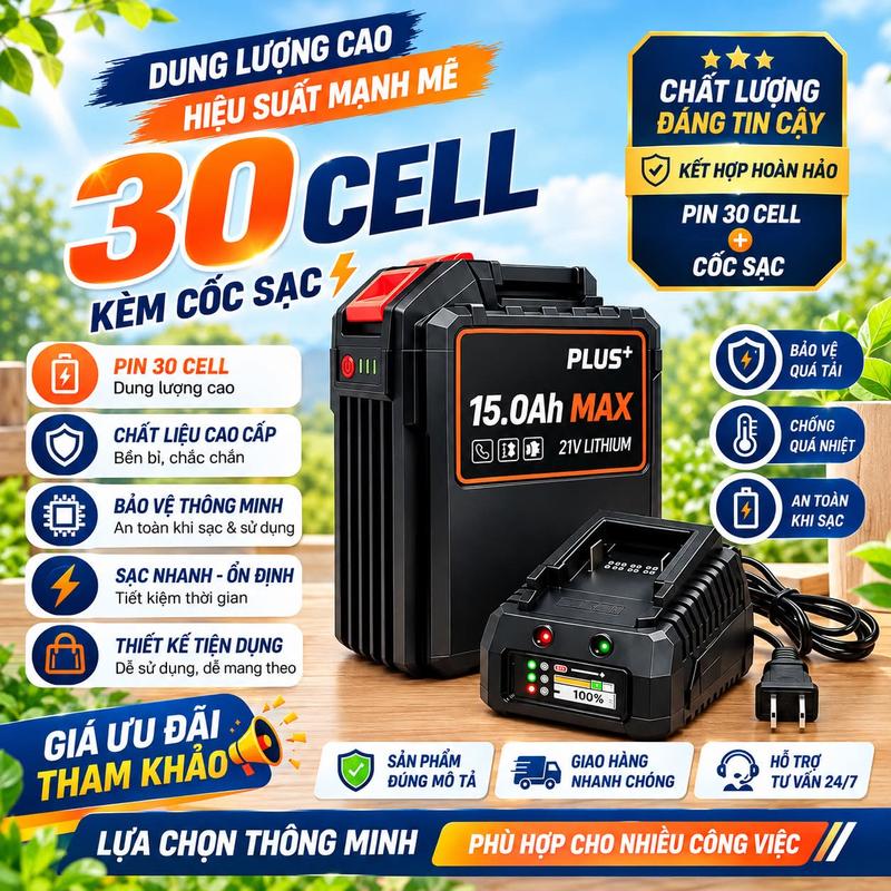 PIN 30cell + cốc sạc + pin lithium dung lượng cao , 15mAh , chân pin phổ thông , có đèn báo pin.