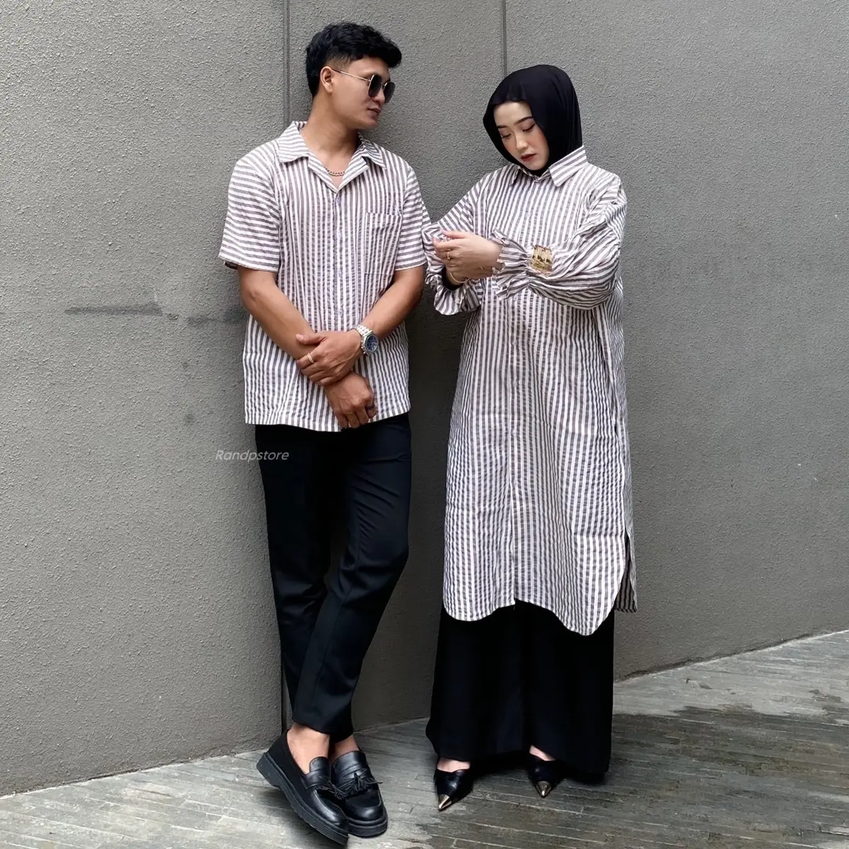 Dafina Couple Set - Fashion muslim pasangan long tunik stripe dan kemeja pria Baju Sarimbit