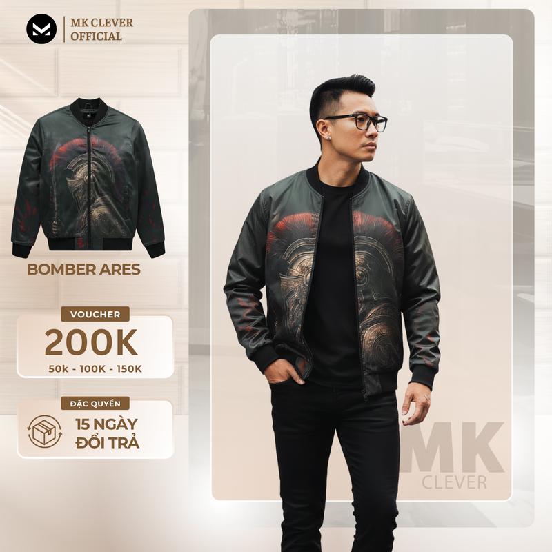 Áo Khoác Bomber ARES MK CLEVER Vải Gió Mịn 3 Lớp Trần Bông Dày Dặn Form Dáng Trẻ Trung Menswear Nam Size M L XL 2XL Chất Liệu Mềm Mịn Màu Sắc Nổi Bật Họa Tiết Trendy