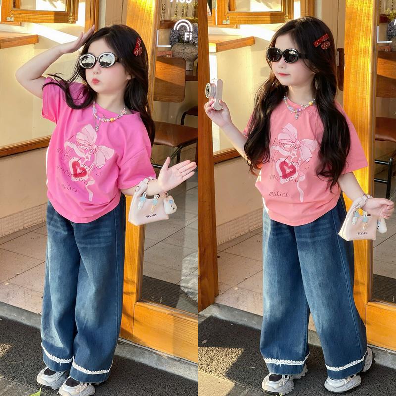 Phúc Anh Kids - Sét Bộ Quần Jean Dài Màu Xanh & Áo Phông In Hình Trái Tim Dễ Thương Cho Bé Gái! A024