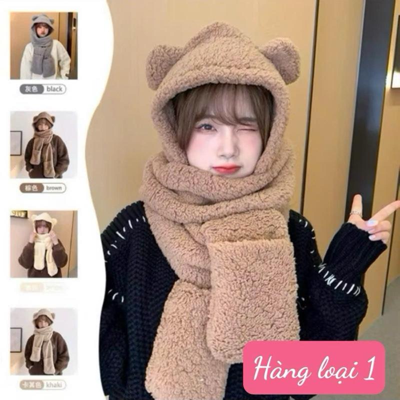  Mũ Gấu Lên Khăn Quàng Cổ 3in1 Nón Lông Cừu Tai Gấu Kèm Găng Tay Mùa Đông Cute Ấm Áp MG1 Cho Nữ Thiết Kế Độc Đáo Phong Cách Đáng Yêu 
