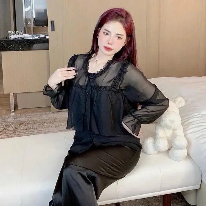 Bộ đồ ngủ nữ lụa latin áo phối voan tiểu thư tay dài freesize 40-60kg - Women Voi