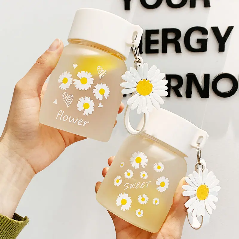 Bess Collection - Botol Minum Kaca 350ml Motif Bunga Daisy | Tumbler Aesthetic + Free Gantungan Daisy T1263