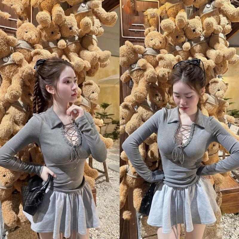 Set áo thun giấy dài tay phối dây dan ngực ôm dáng mix chân váy chun có lót Women Top