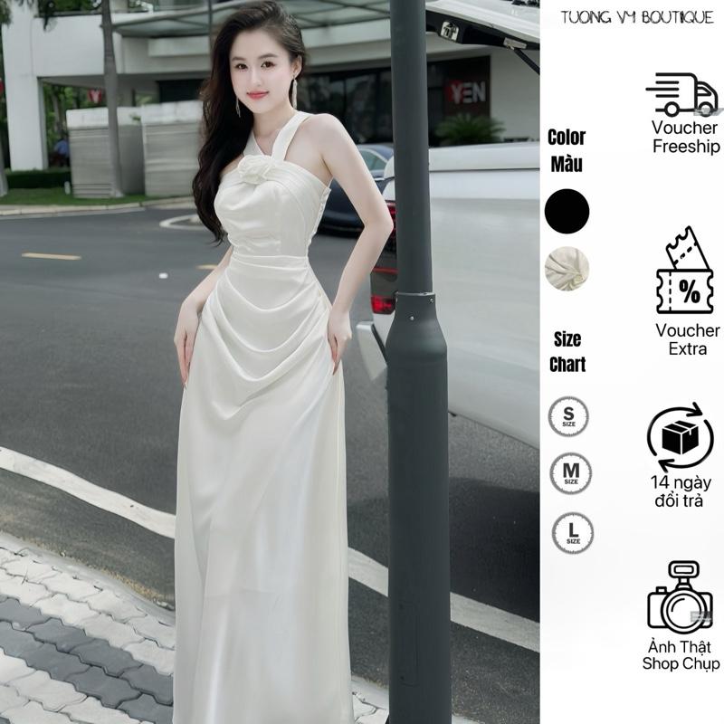 CÓ MÚT - Váy LỤA ĐÍNH HOA HỒNG CỔ YẾM XẾP LY ĐỔ NHẸ NHÀNG Dáng Dài HAI Dây Sau Chất Lụa Mềm Mịn Lót Đúp Full Váy Phong Cách Sang Trọng Dành Cho Nữ - TUONGVY0999 Dress Women Sen Hoa Sen Kem Nhung