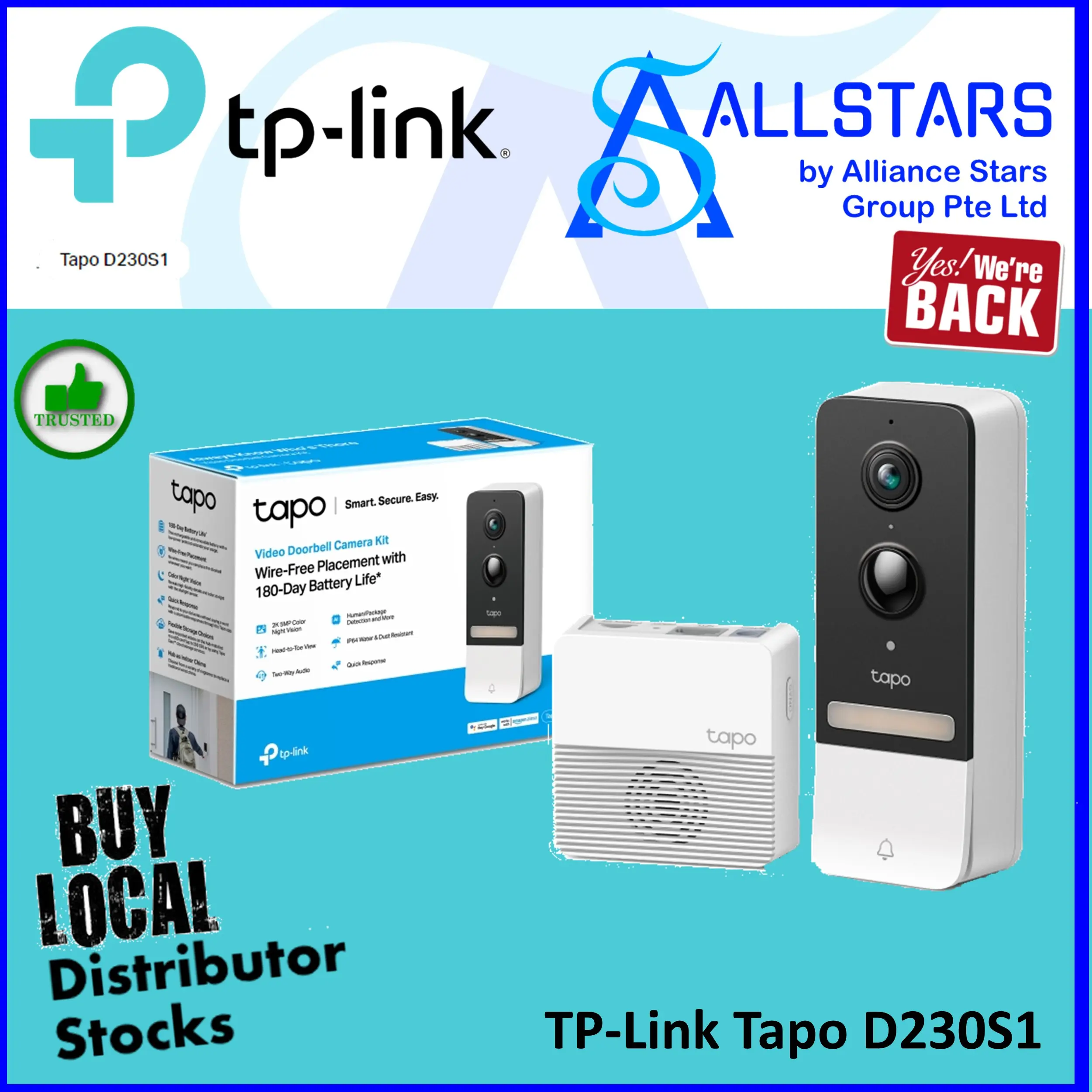 (ALLSTARS) TP-Link Tapo D230S1 Tapo Smart Battery Video Doorbell 2K 5MP Live View / IPCam (Warranty 1year with BanLeong)