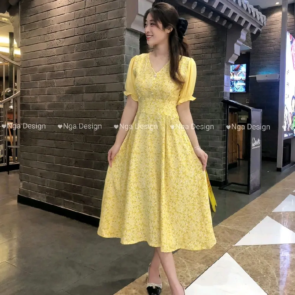 ND57 Nga Design váy cho con bú hoa nhí chất liệu lụa hàn đẹp trẻ trung che bụng