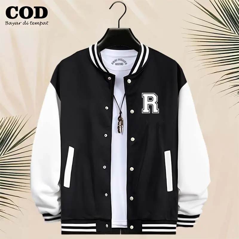 BISA COD Jaket Bomber Varsity Baseball Kancing R Text Putih Jaket Varsity Pria / Baseball Distro Pria/ Sweater Quality Premium/ Distro Pria Wanita Sweater Jaket Baseball Termurah