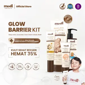 Moell Glow Barrier Kit deals! Body Lotion 185gr & Physical Sunscreen 30gr & Face Cream 40gr & Body Wash 185gr - Physical Sunscreen SPF 50(+) PA(++++) -Melindungi Dan Memperkuat Skin Barrier - Dengan Microbiome Teknologi Formulasi Dokter - Skincare Anak