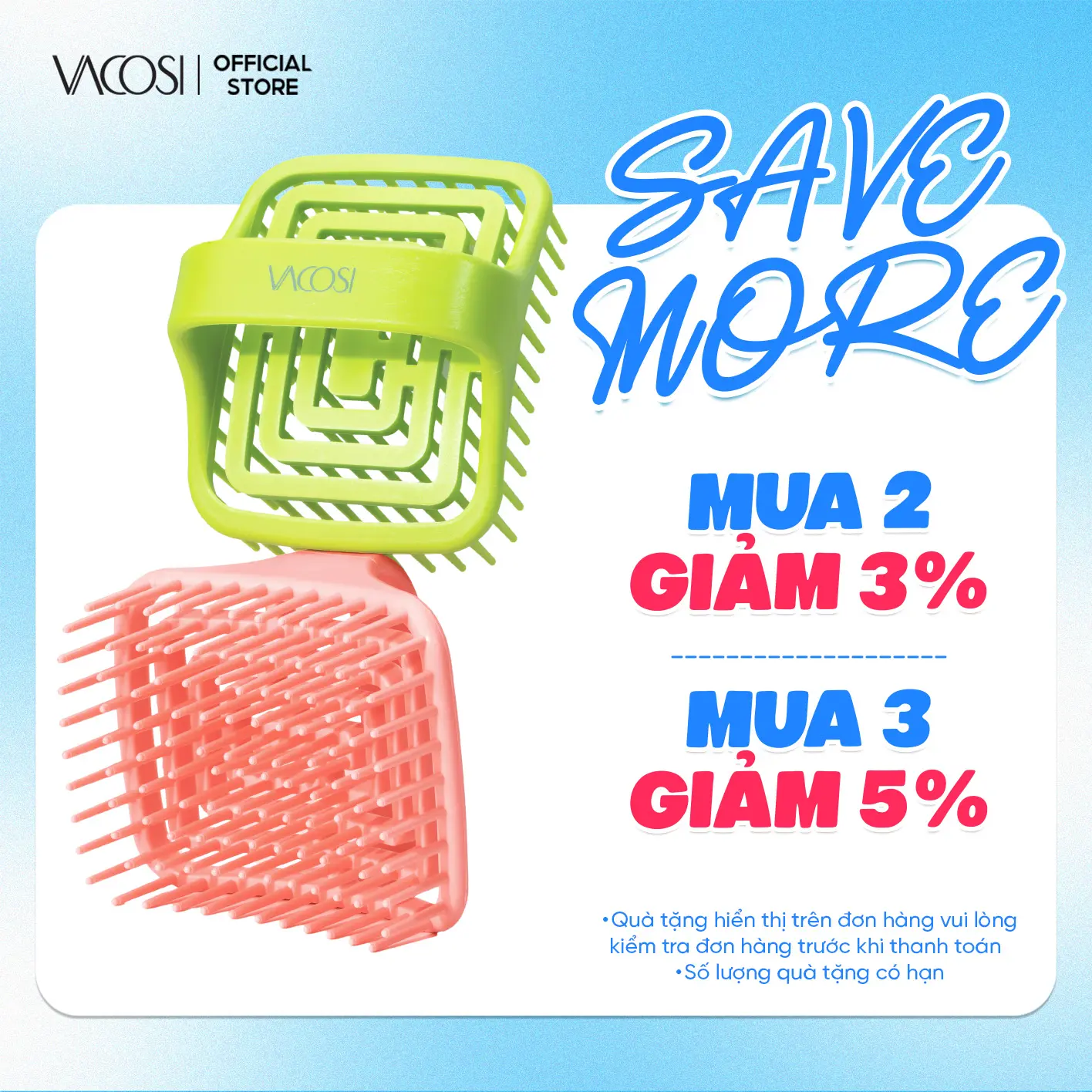 Lược Gội Đầu VACOSI C22 – Màu Hồng/Xanh Dương, TPR Dẻo Mềm An Toàn Cho Tóc Yếu, Massage, C22