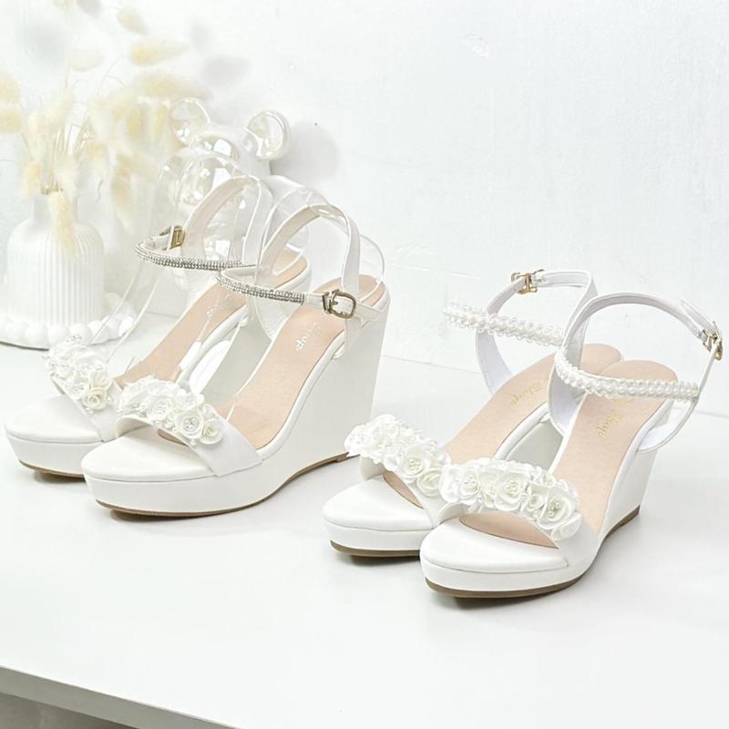 Giày Cao Gót Đế Xuồng Trắng Quai Hoa Lụa Ngang Nữ Shoes DéP Sandal Women Jean giay  got