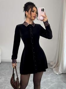 Vestido de terciopelo con estampado de leopardo, elegante y ajustado, de manga larga y corte A, vestido midi, moda de otoño invierno para mujer