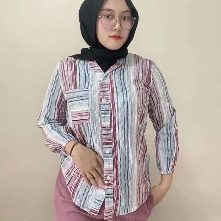 One set cringkel motif salur warna mouve Setelan Baju Crinkle Wanita Panjang