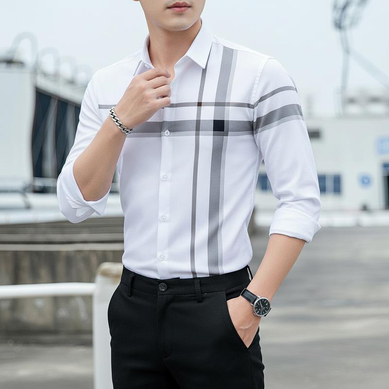 Áo Sơ Mi Nam Dài Tay Sọc Ngang Dọc Phong Cách Hàn Quốc Thời Trang UNISEX Dành Cho Nam Và Nữ Menswear Kate Có Cổ Đen