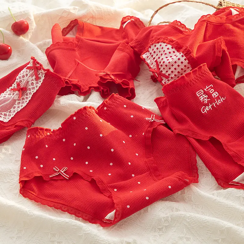 New Year Red Cotton Ruffle Cute Daily Panties Women’s Low Waist Breathable Lace Hollow Out Mesh Underpants Sweet Girl Bow Soft Comfortable Briefs