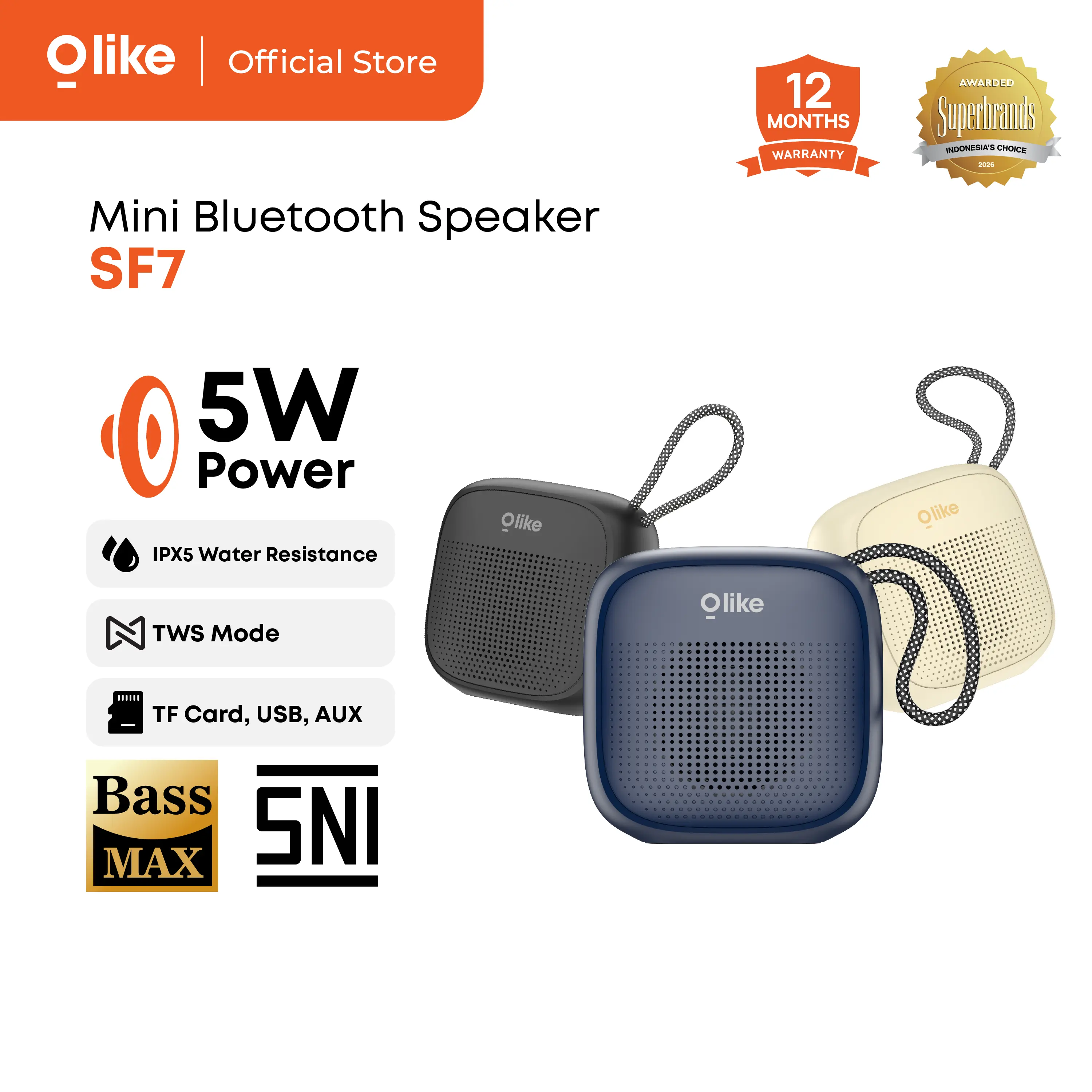 Olike Speaker Mini Wireless SF7 HiFi Sound Bass Max 8 Jam Playing Time | Portable HiFi Sound Stereo | Bluetooth 6.0 Compact Design IPX5