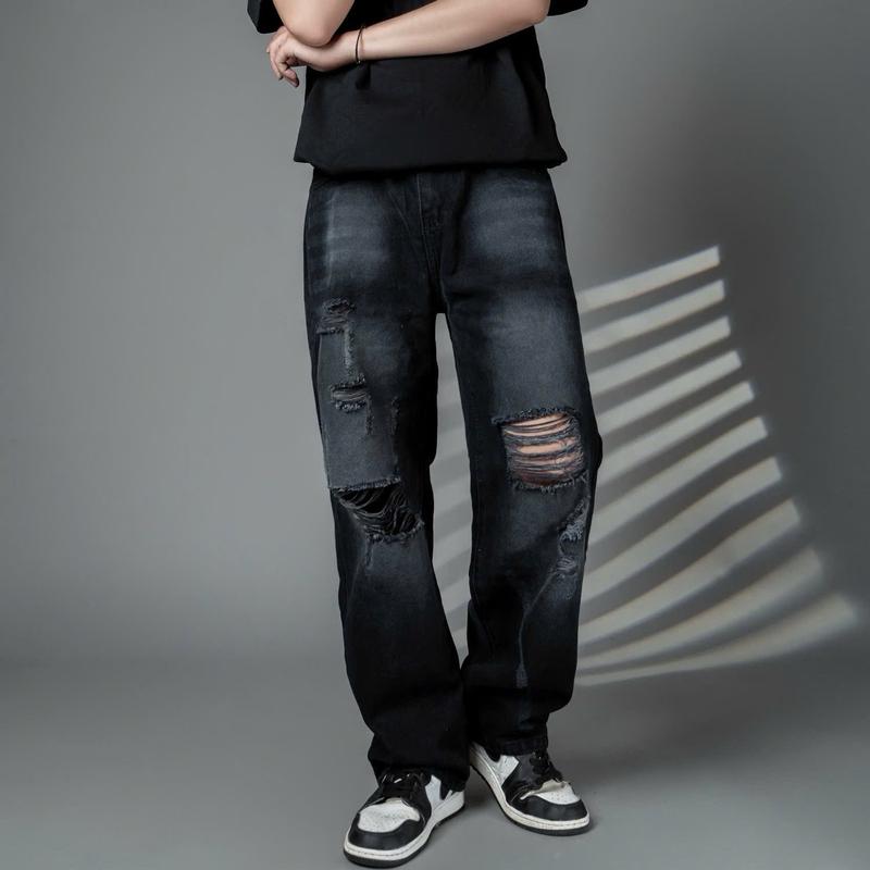 TOP BÁN CHẠY - Quần baggy jean nam ống rộng màu đen wash xám rách chất bò dãn nhẹ BJ818 dáng chuẩn Menswear Pants Có Túi - TCS Trùm Chuyên Sỉ