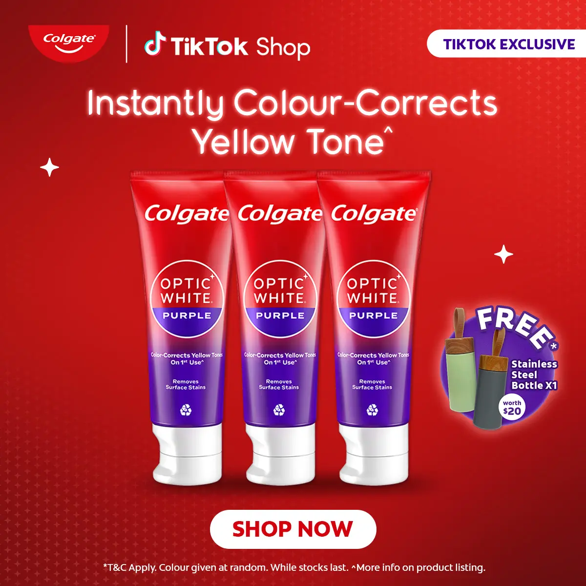 [TikTok Exclusive] COLGATE Optic White Purple Whitening Toothpaste [Bundle of 3] + FREE Stainless Steel Tumbler (colour may vary)