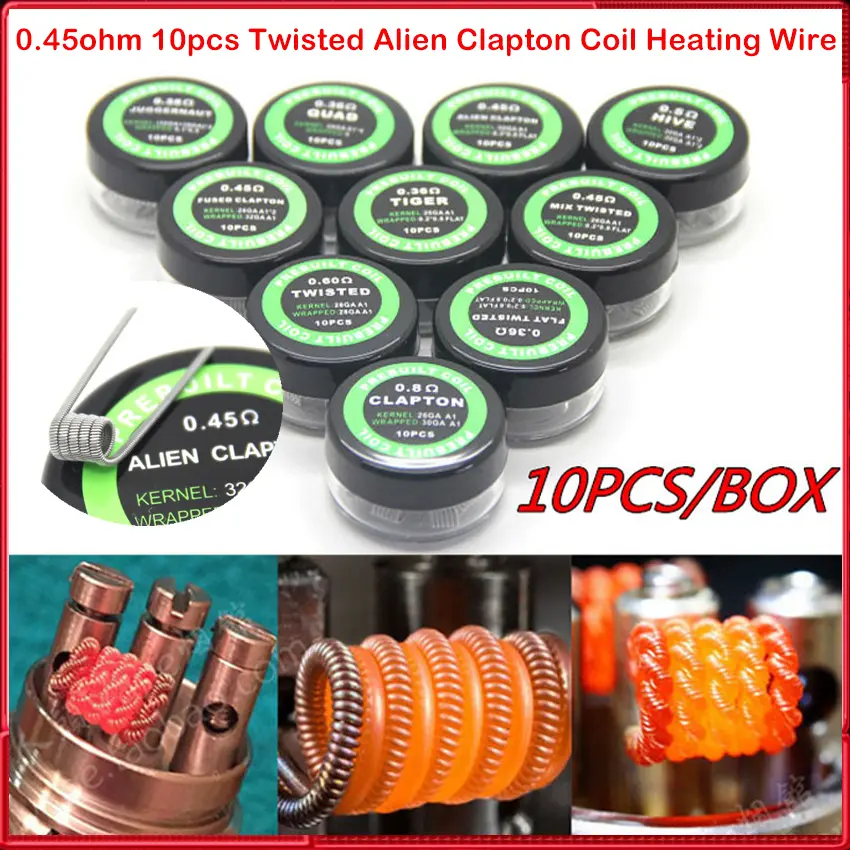Cuộn dây Alien Clapton xoắn, cuộn dây RDA, cuộn dây quấn sẵn, 10 cái / hộp, 0.45ohm, A1