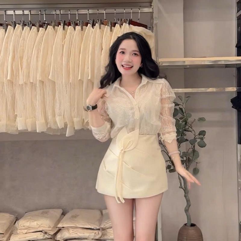  Mèo Mỡ Bigsize — Set bộ thiết kế áo sơmi ren cao cấp tay dài kèm chân váy dáng A đính hoa bigsize 60-90kg 