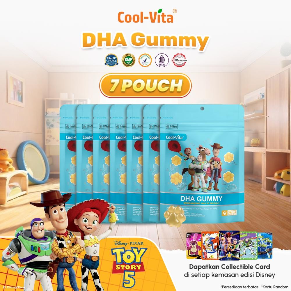Cool-Vita - Disney Toy Story5 - 7 Pouch Coolvita DHA Gummy 70 Sachet Rasa Buah Mix Apel Mangga dan Jeruk Gummy Vitamin Anak (Mulai 3 Tahun) dan Dewasa| Gummy Bervitamin Dukung Tumbuh Kembang Otak Opti