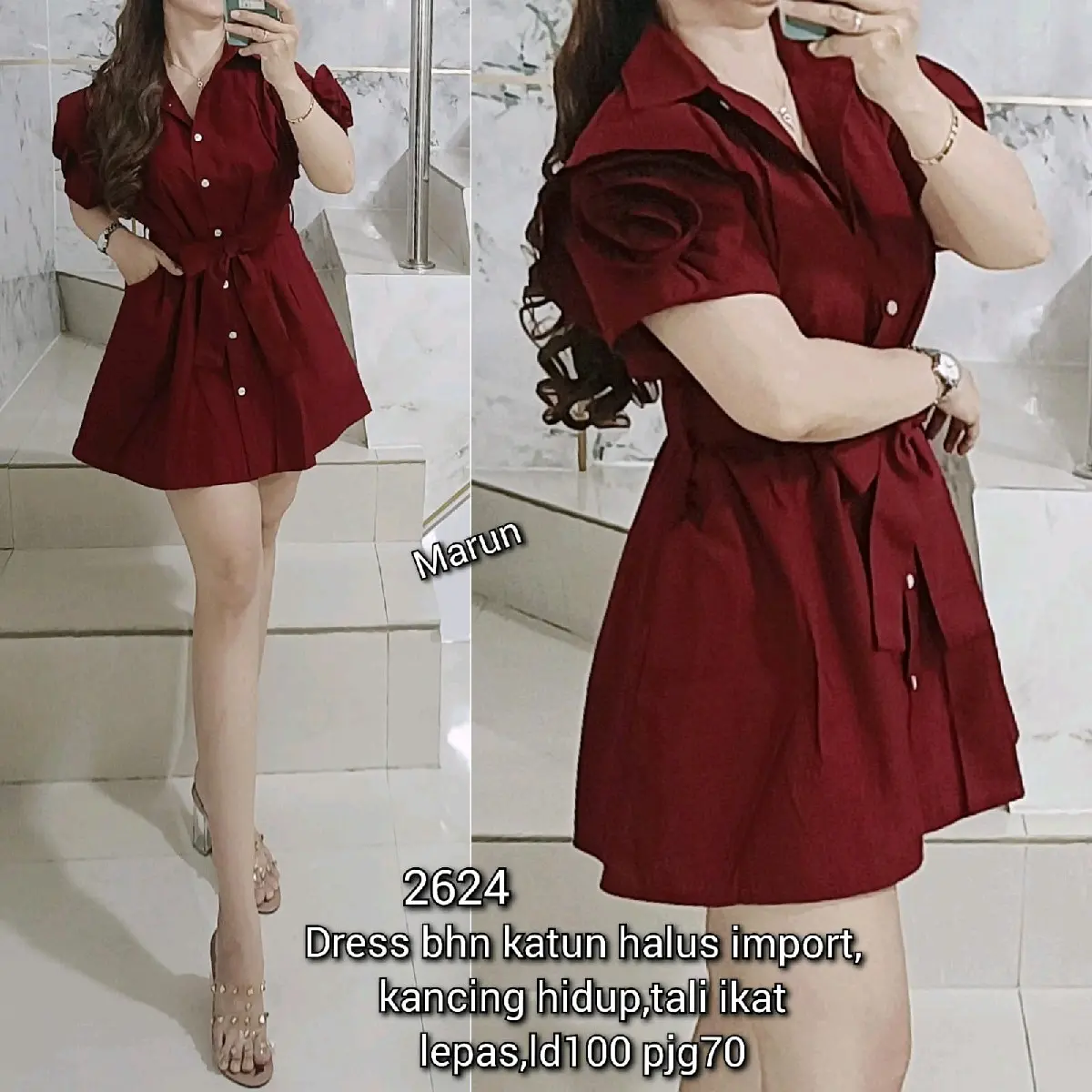 2624 - Dress bhn Katun halus import, kancing hidup, tali ikat lepas, LD 100, pjg 79