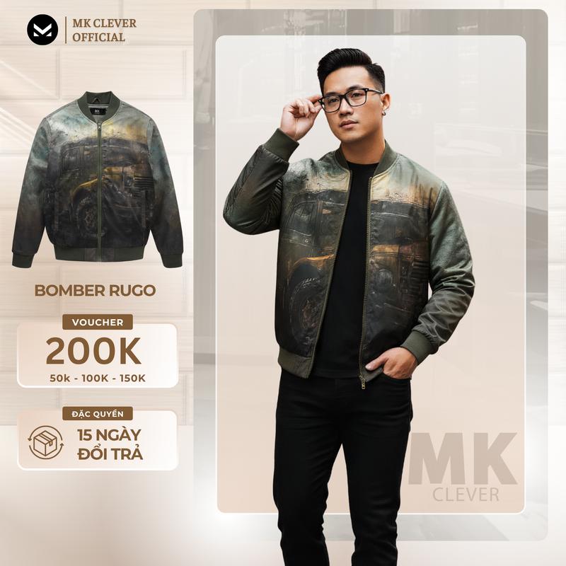  Áo Khoác Bomber RUGO MK CLEVER Vải Gió Mịn 3 Lớp Trần Bông Dày Dặn Form Dáng Trẻ Trung Menswear Nam Size M L XL 2XL Chất Liệu Mềm Mịn Màu Sắc Nổi Bật Họa Tiết Trendy 