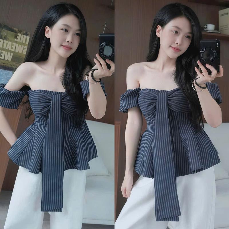Set đồ nữ áo sọc cột nơ tay rời moocking sau phối quần ống suông sang chảnh, xinh xắn, dễ thương phù hợp cho các nàng diện đi tiệc, đi chơi, đi du lịch