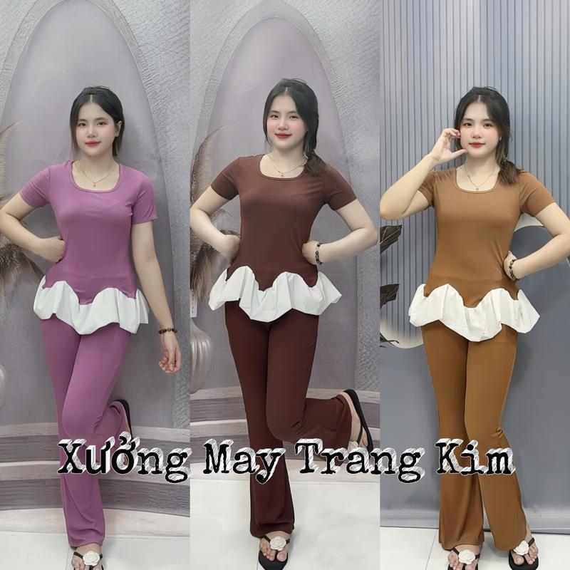 bộ đồ ống loe áo cổ vuông tay ngắn phối bèo voan dễ thương mặc nhà phù hợp mọi độ tuổi TK130